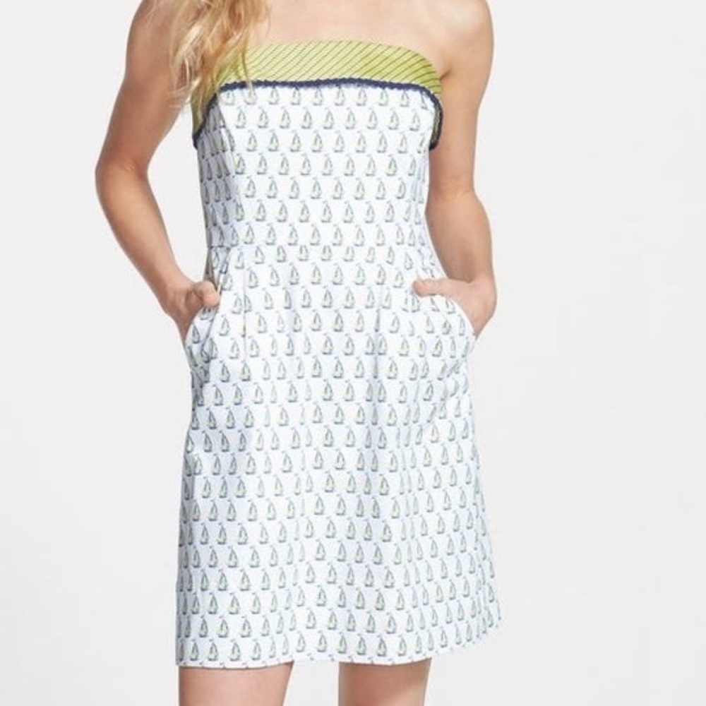 Vineyard Vines Strapless Dress with Nautical Sailboat Print and Side Pockets